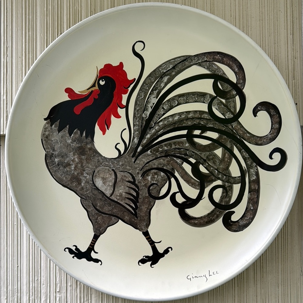 Large Metal Hand Painted Rooster Art Decorative Plate